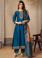 Silk Aqua Blue Ceremonial Wear Embroidery Work Readymade Anarkali Suit